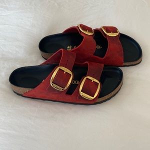 Birkenstock size 9 red slides with gold buckles